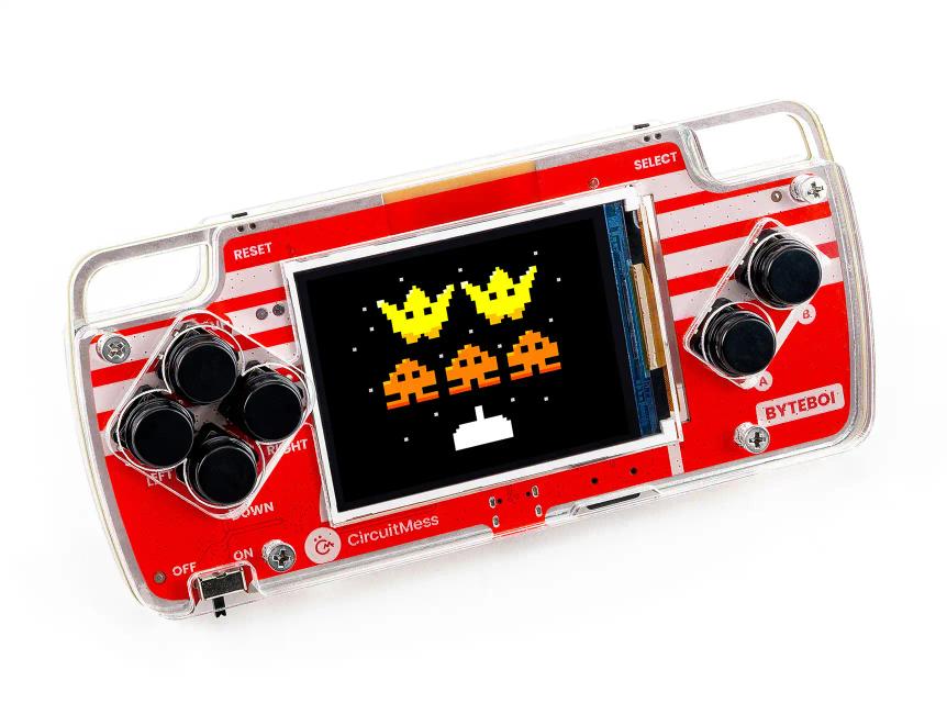CircuitMess ByteBoi on a white background, with a game on