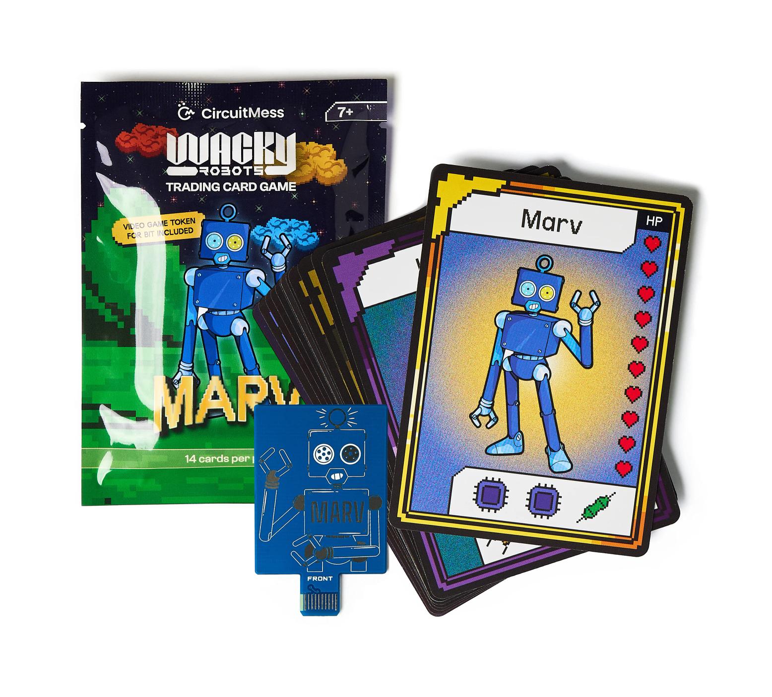 CircuitMess Bit Expansion Marv package, card and token on a white background.