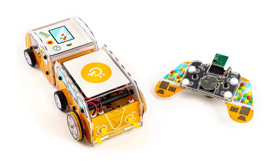 CircuitMess Planck and its controller on a white background