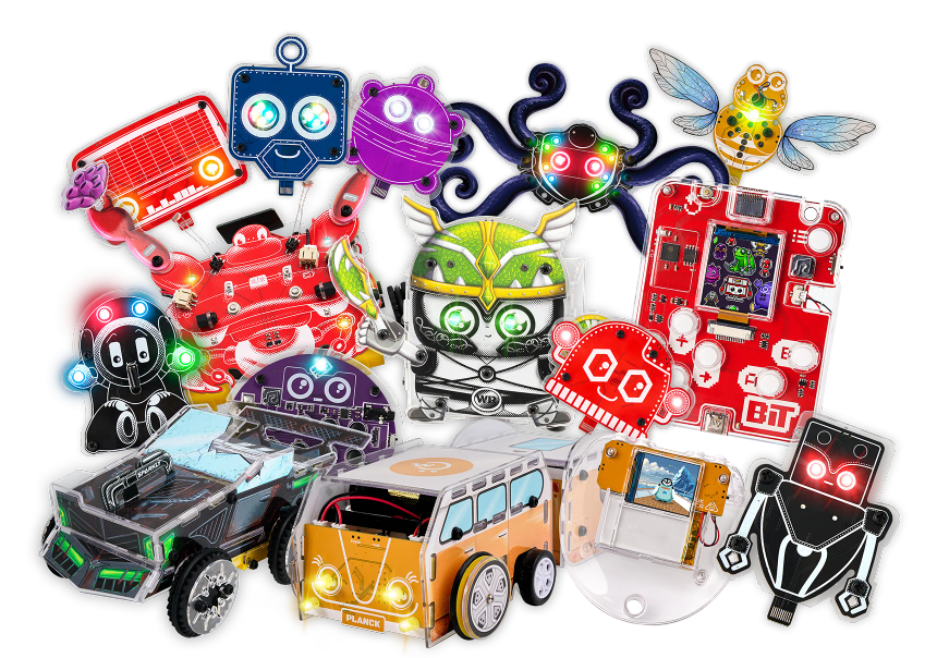 CircuitMess Bob, Buttons, Artemis, Marv, Mr. Bee, Resistron, Capacitron, Hertz, Robby, Planck, Harald, Sparkly, Dusty, Codee 2.0 and Bit 2.0 on a transparent background