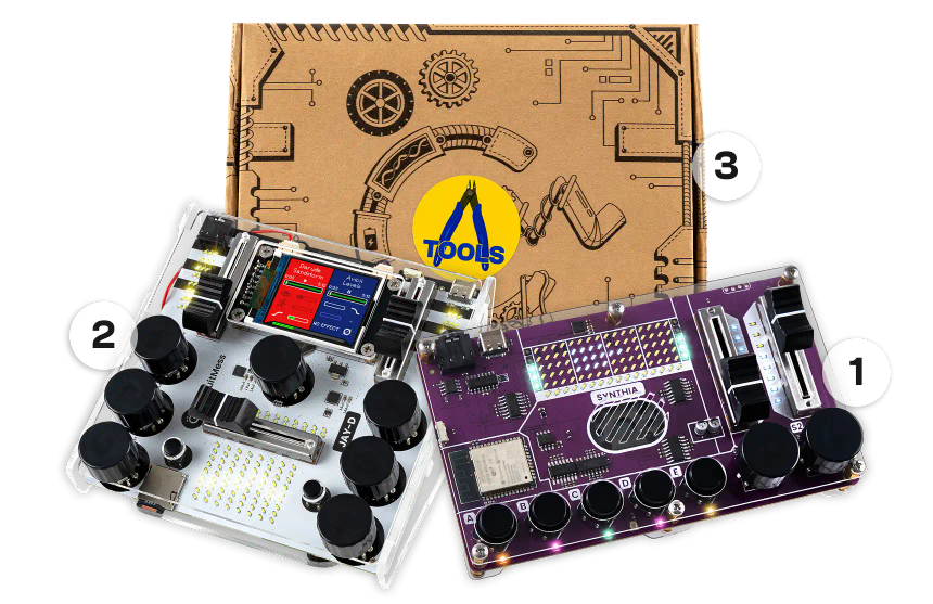 CircuitMess Synthia, Jay-D, Tools Pack on a transparent background