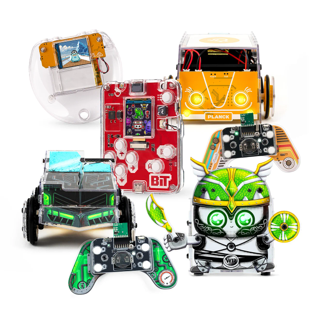 CircuitMess Bit 2.0, Codee 2.0, Planck, Sparkly and Harald on a white background