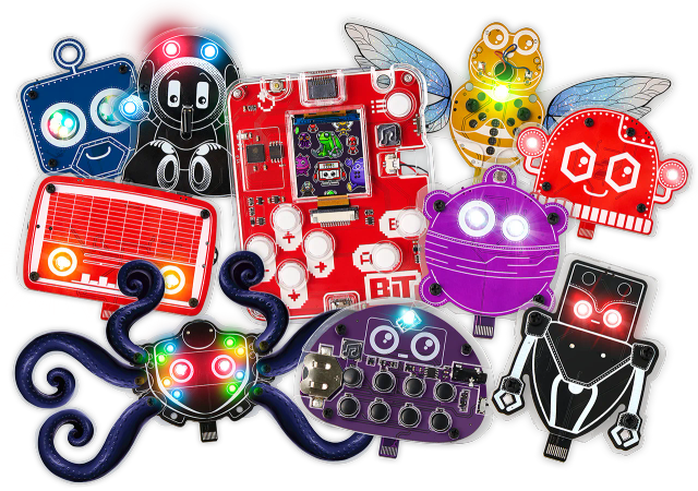 CircuitMess Robby, Bob, Marv, Mr. Bee, Artemis, Capacitor, Resistron, Buttons, Hertz, and Bit 2.0 on a transparent background