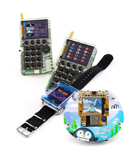 CircuitMess Chatter, Clockstar, and Codee on a white background