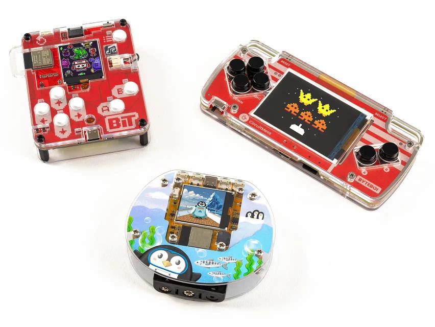 CircuitMess Codee, ByteBoi, and Bit on a white background