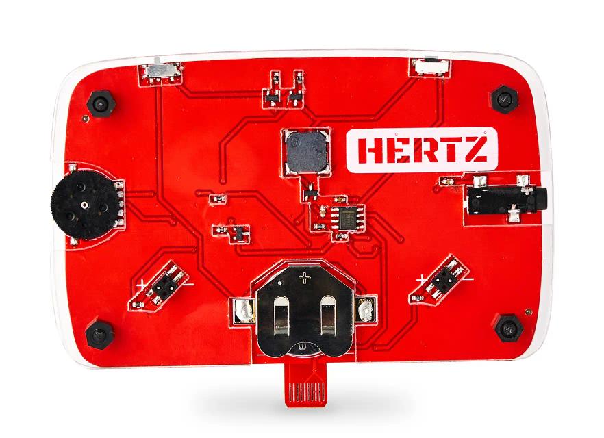 The back of CircuitMess Hertz on a white background