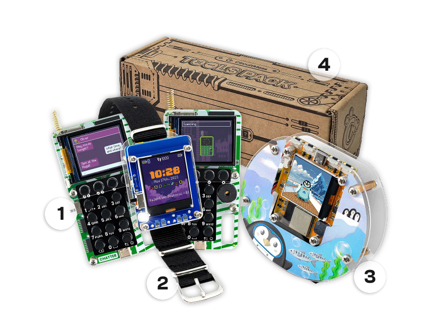 CircuitMess Chatter, Clockstar, Codee, and Tools Pack on a transparent background