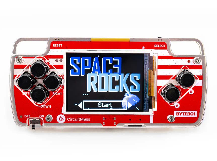CircuitMess ByteBoi on a white background, with Space Rocks game on