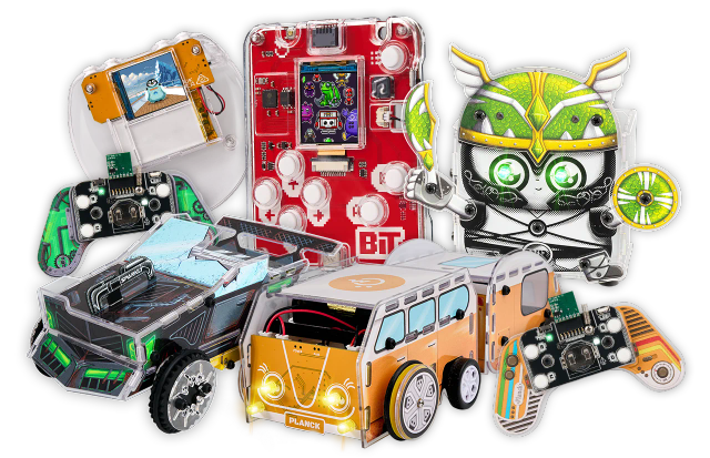 CircuitMess Bit 2.0, Codee 2.0, Planck, Sparkly and Harald on a transparent background