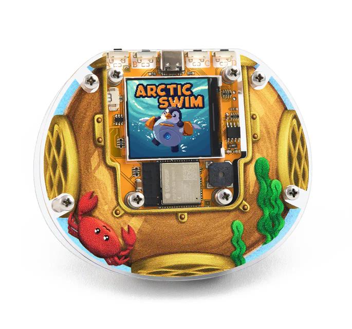 CircuitMess Codee with Arctic Swim Game turned on, on a white background