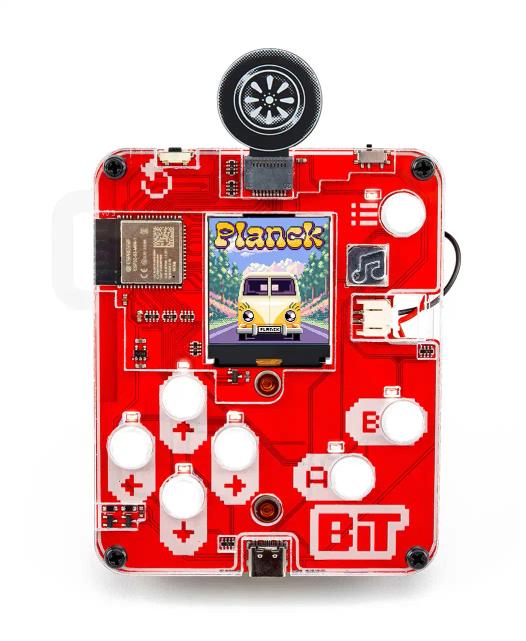 CircuitMess Bit with Planck's game token attached to it, unlocking a secret game