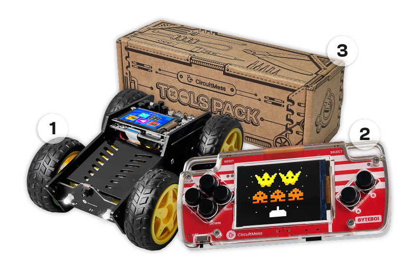 CircuitMess Wheelson, ByteBoi, and Tools Pack on a transparent background