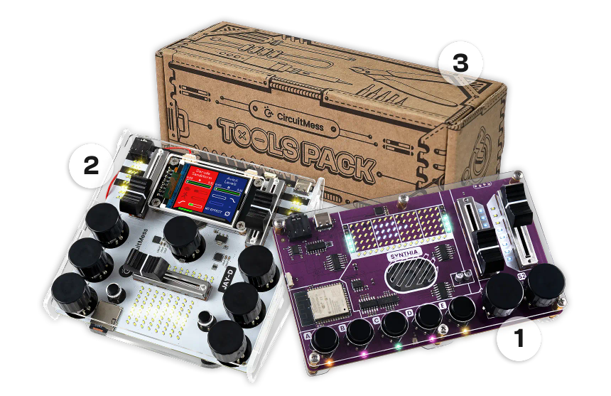 CircuitMess Synthia, Jay-D, Tools Pack on a transparent background