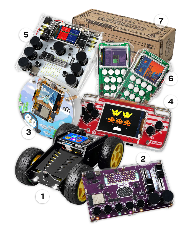 CircuitMess Wheelson, ByteBoi, Synthia, Codee, Jay-D, Chatter, Tools Pack on a transparent background