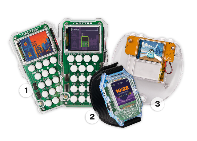 CircuitMess Chatter 2.0, Clockstar 2.0 and Codee 2.0 on a transparent background