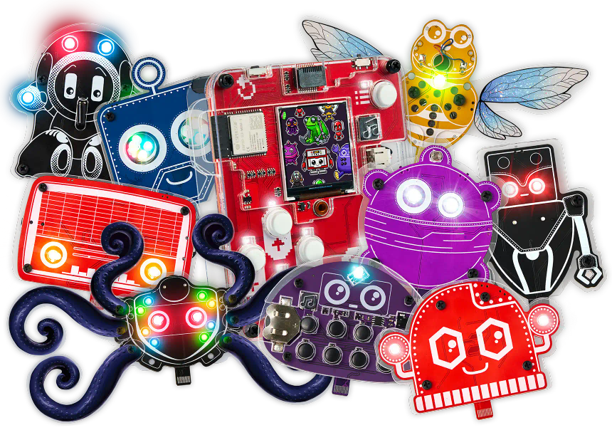 CircuitMess Bob, Buttons, Artemis, Marv, Hertz, Mr. Bee, Capacitron, Resistron, Robby, Bit on a transparent background