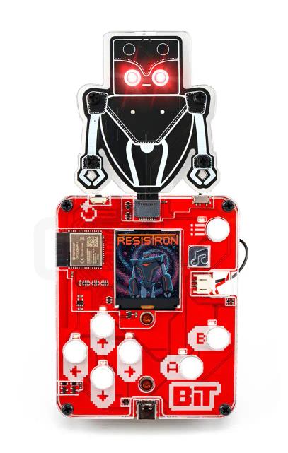 CircuitMess Bit with Resistron attached to it, unlocking a secret Bit game