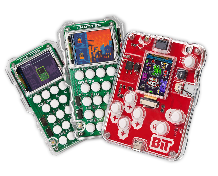 CircuitMess Bit 2.0 and Chatter 2.0 on a transparent background