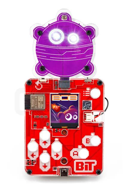CircuitMess Bit with Bob attached to it, on a white background