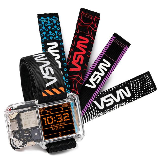 CircuitMess NASA Artemis Watch 2.0 and four additional colorful straps for the watch on a white background.