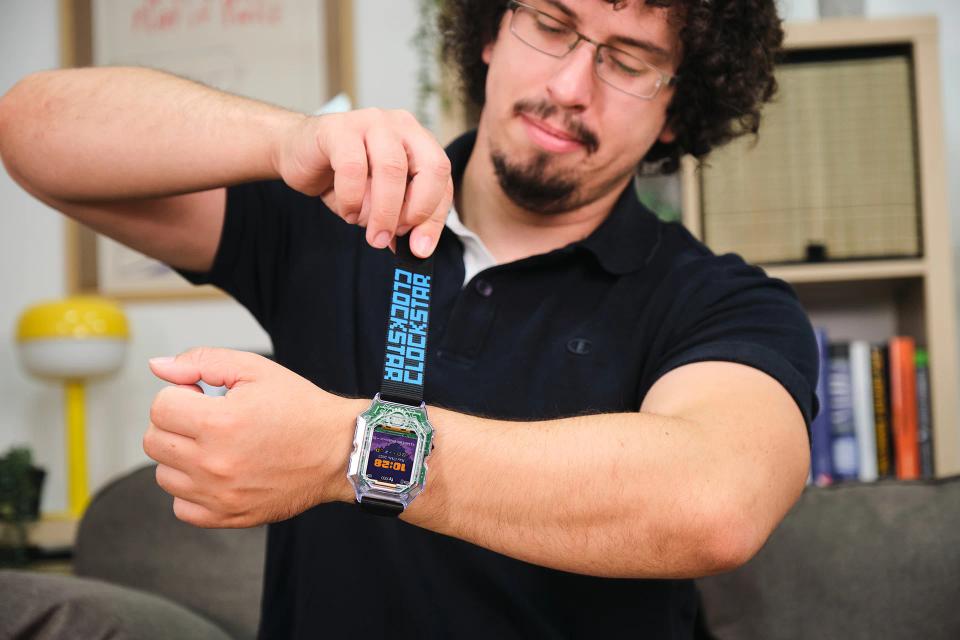 A person putting on a CircuitMess Clockstar 2.0