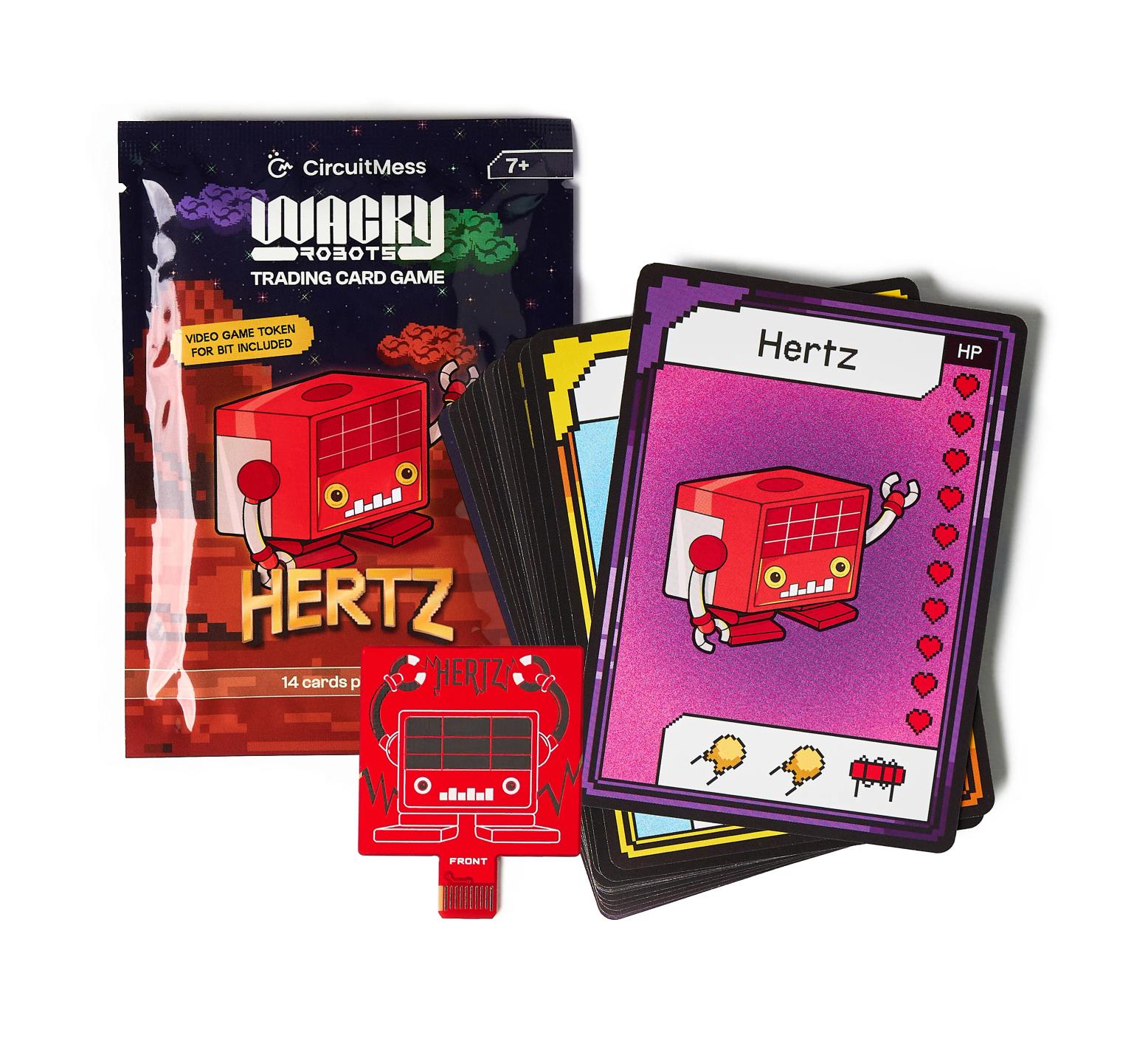 CircuitMess Bit Expansion Hertz package, card and token on a white background.