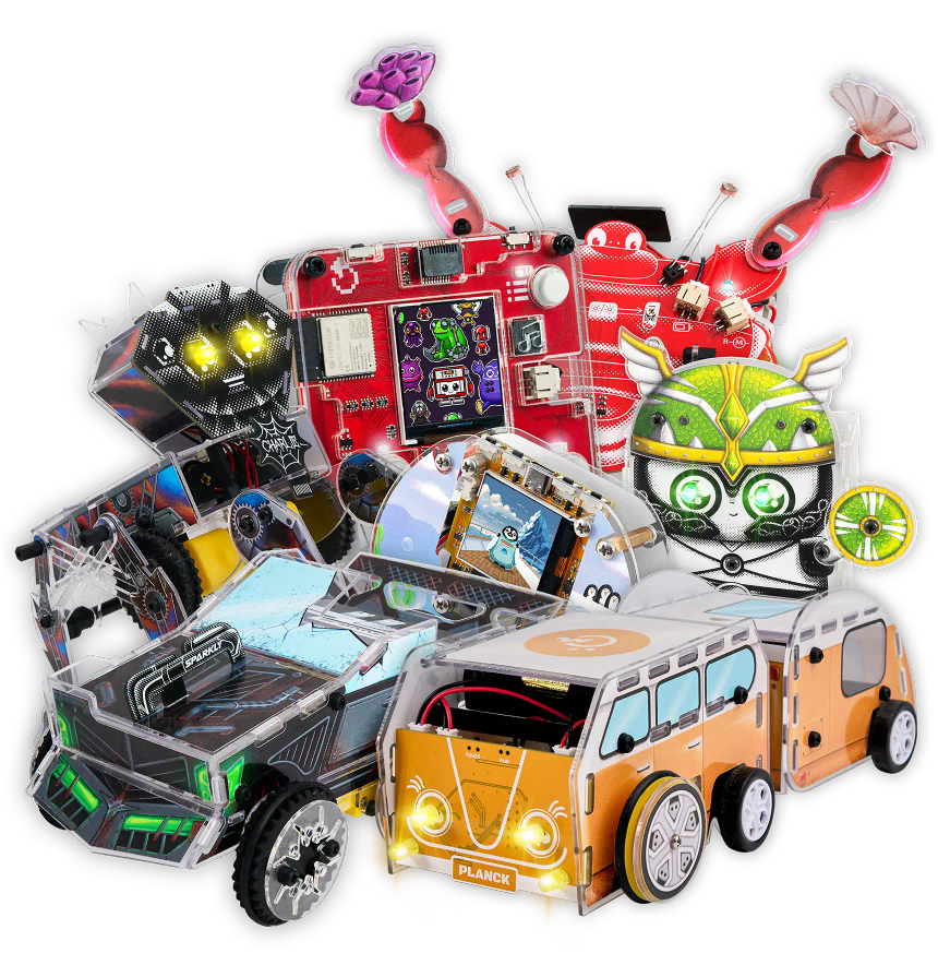 CircuitMess Sparkly, Charlie, Codee, Planck, Harald, Dusty, and Bit on a transparent background