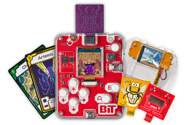 CircuitMess Codee 2.0, Bit 2.0, Bit Expansion Artemis, Mr. Bee and Hertz on a transparent background.