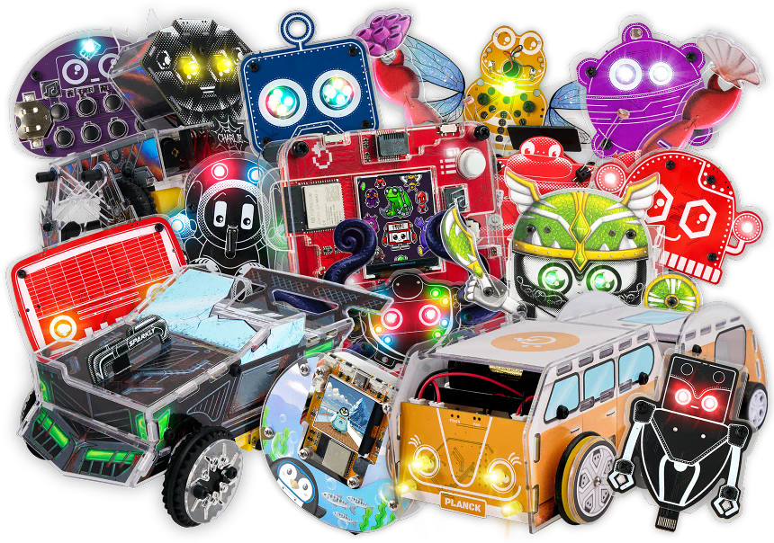 CircuitMess Bob, Buttons, Capacitron, Marv, Mr. Bee, Hertz, Robby, Artemis, Resistron, Sparkly, Planck, Charlie, Dusty, Harald, Bit, Codee on a transparent background