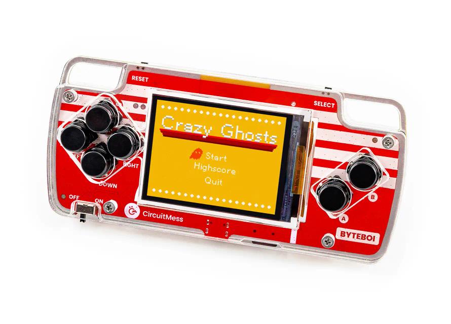 CircuitMess ByteBoi on a white background, with Crazy Ghosts game on