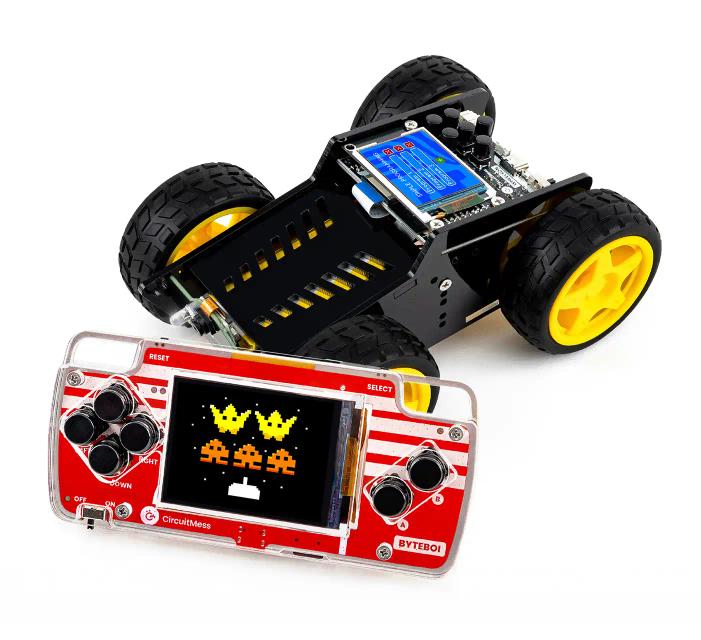 CircuitMess ByteBoi and Wheelson on a white background