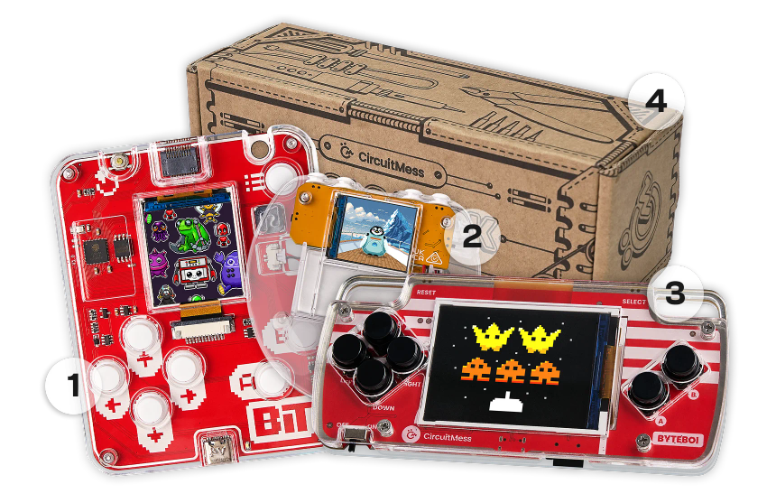 CircuitMess Codee 2.0, Bit 2.0, ByteBoi and Tools Pack on a transparent background