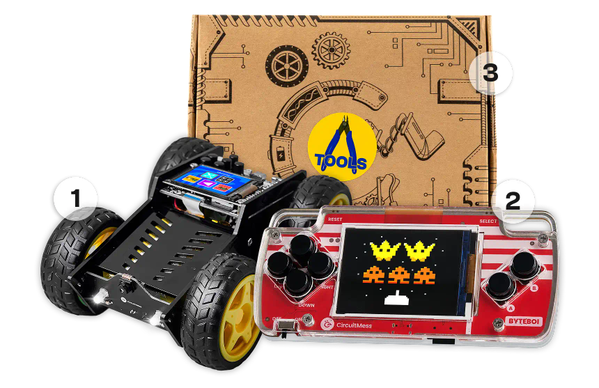 CircuitMess Wheelson, ByteBoi, and Tools Pack on a transparent background