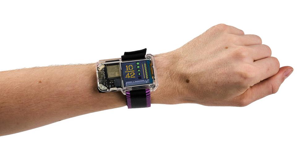 CircuitMess Artemis Watch Strap in color Vilolet Supernova on a person's hand