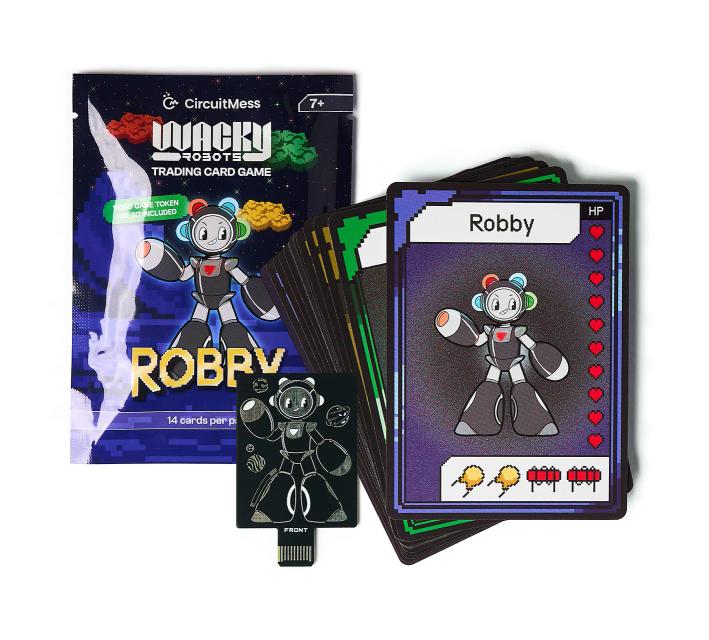 CircuitMess Bit Expansion Roby package, cards and token on a white background.