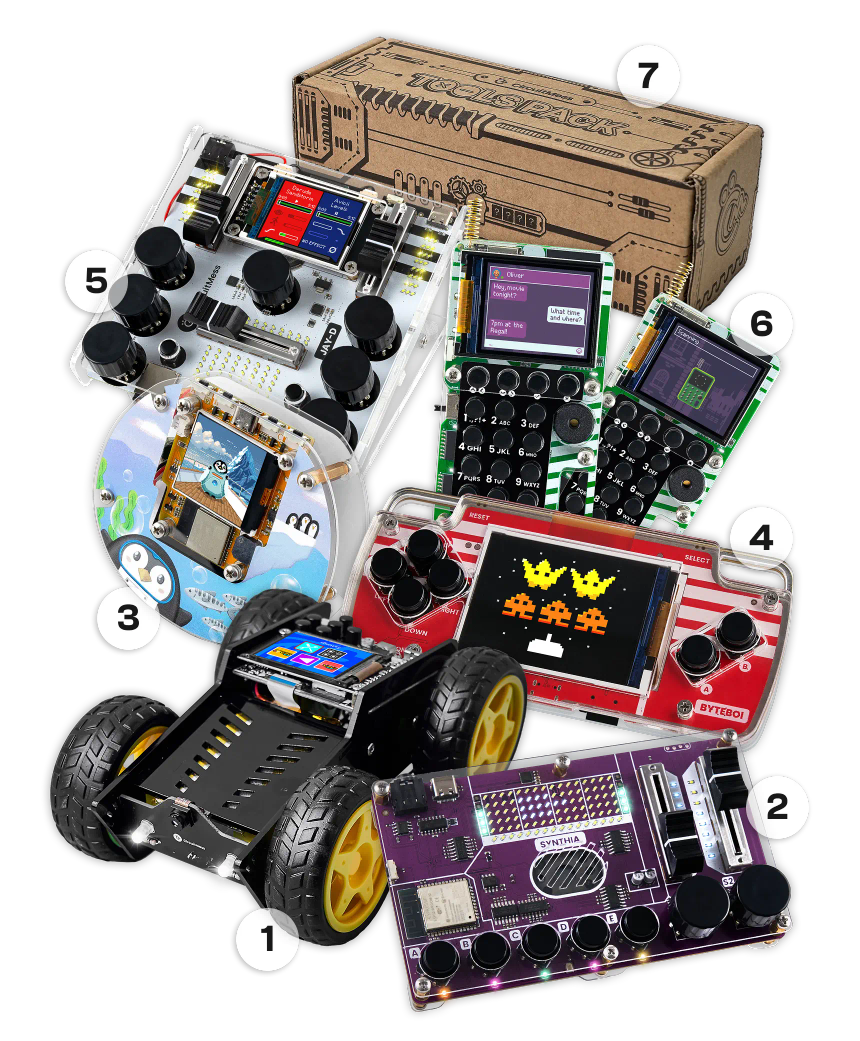 CircuitMess Wheelson, ByteBoi, Synthia, Codee, Jay-D, Chatter, Tools Pack on a transparent background
