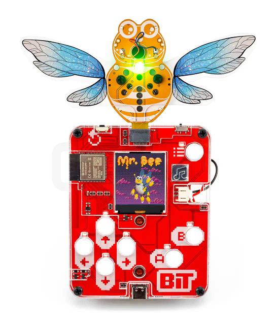 CircuitMess Bit with Mr. Bee attached to it, unlocking a secret Bit game
