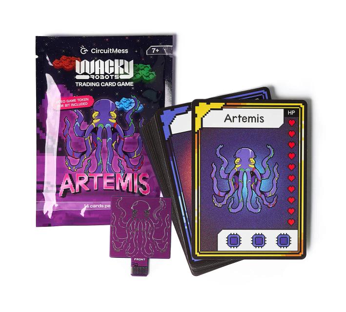 CircuitMess Bit Expansion Marv package, card and token on a white background.