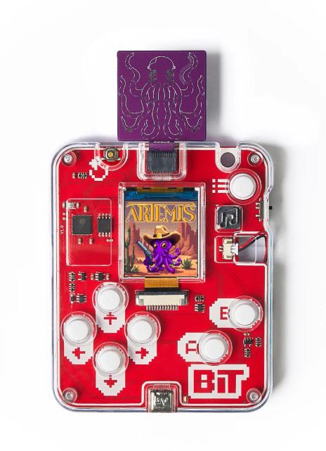 CircuitMess Bit with Bit Expansion Artemis cards on a white background.