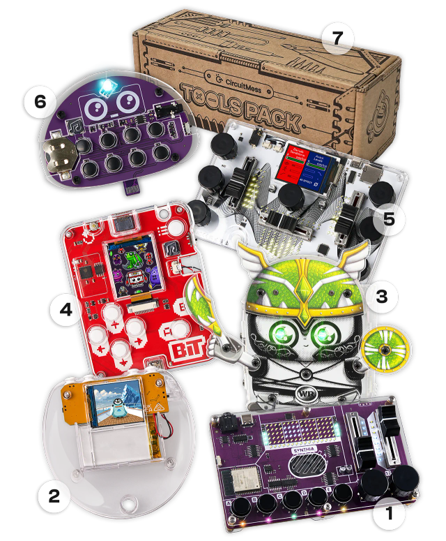 CircuitMess Bit 2.0, Codee 2.0, Harald, Jay-D 2.0, Synthia and Buttons with numbers on a transparent background