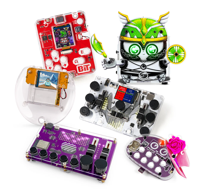 CircuitMess Bit 2.0, Codee 2.0, Harald, Jay-D 2.0, Synthia and Buttons on a white background