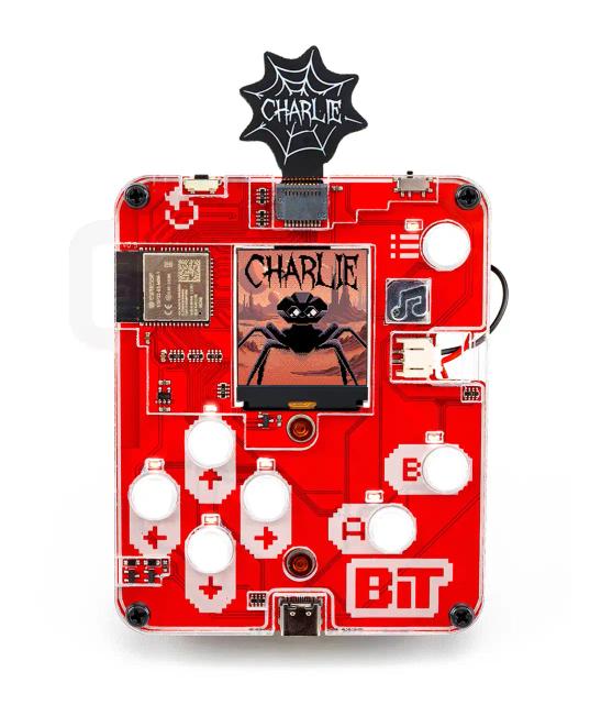 CircuitMess Bit with a Charlie game token inserted, unlocking a secret game