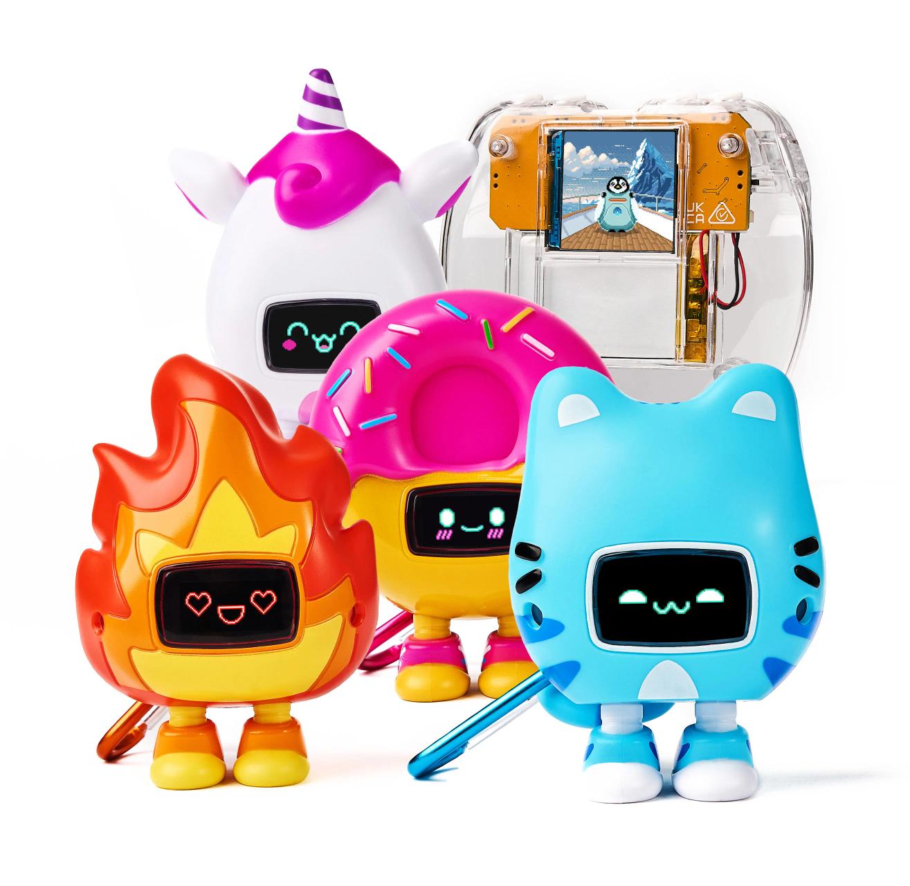 CircuitMess Codee 2.0, Beep Boop Kirin, Miao Miao, Mochi and Tochi on a white background.