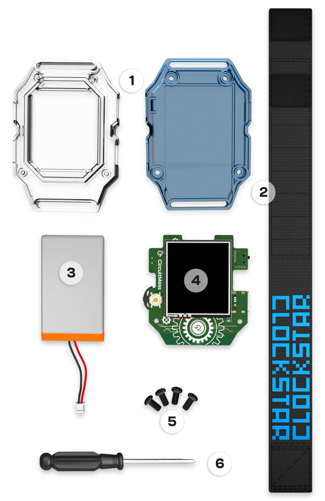 CircuitMess Clockstar 2.0 components with numbers on a transparent background
