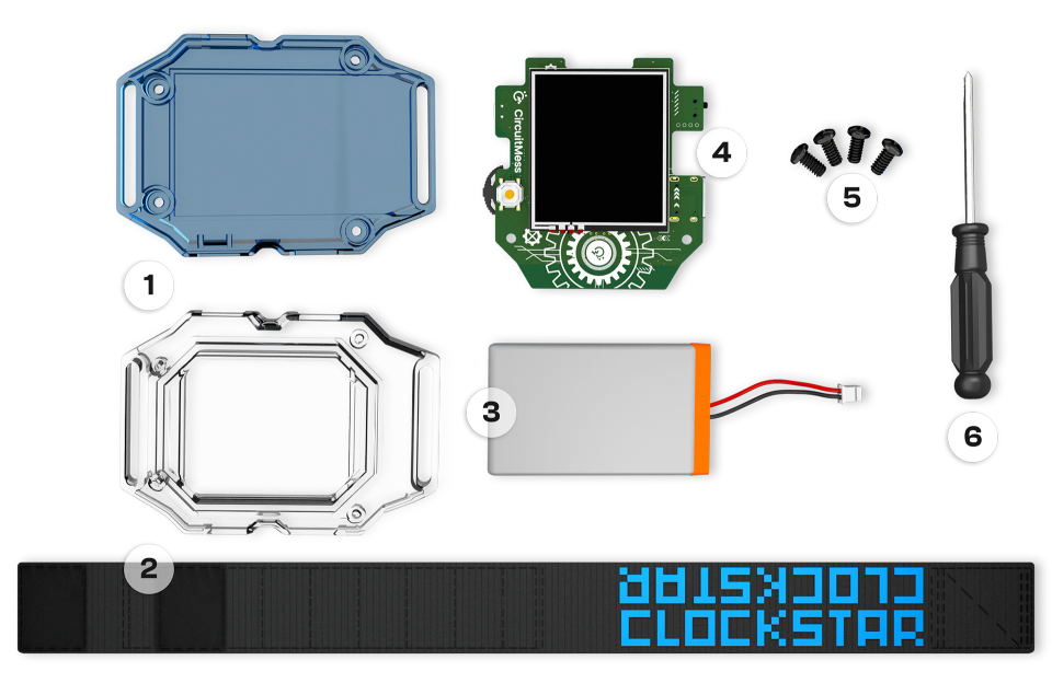 CircuitMess Clockstar 2.0 components with numbers on a transparent background