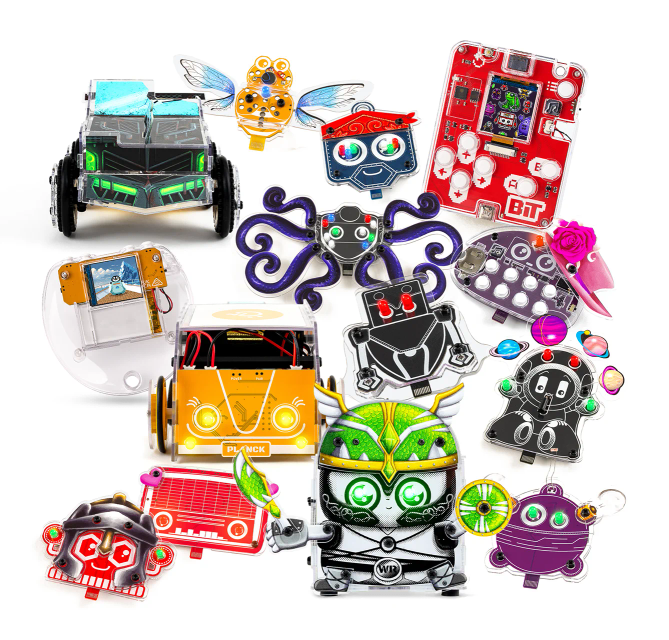 CircuitMess Bob, Buttons, Artemis, Marv, Mr. Bee, Resistron, Capacitron, Hertz, Robby, Planck, Harald, Sparkly, Codee 2.0 and Bit 2.0 on a white background