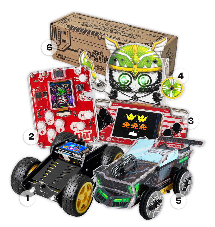 CircuitMess Bit 2.0, Harald, ByteBoi, Sparkly and Wheelson with numbers on a transparent background