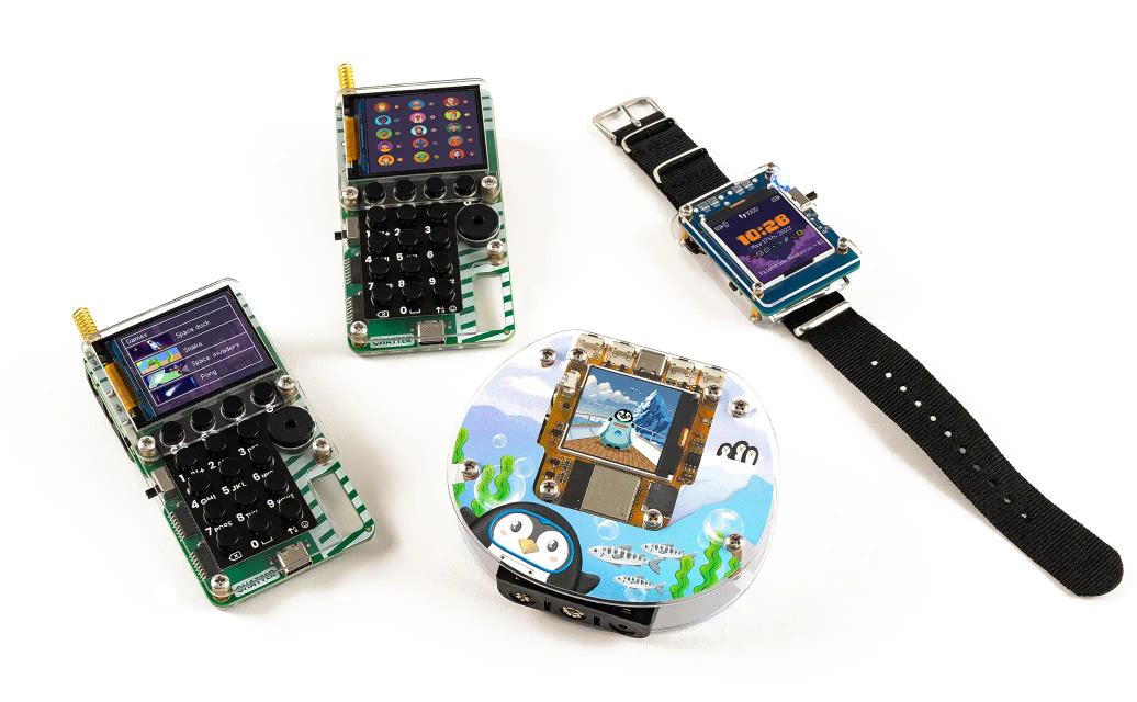 CircuitMess Chatter, Clockstar, and Codee on a white background