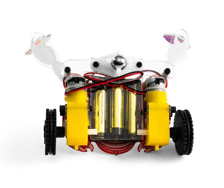 The back of CircuitMess Dusty on a white bakground