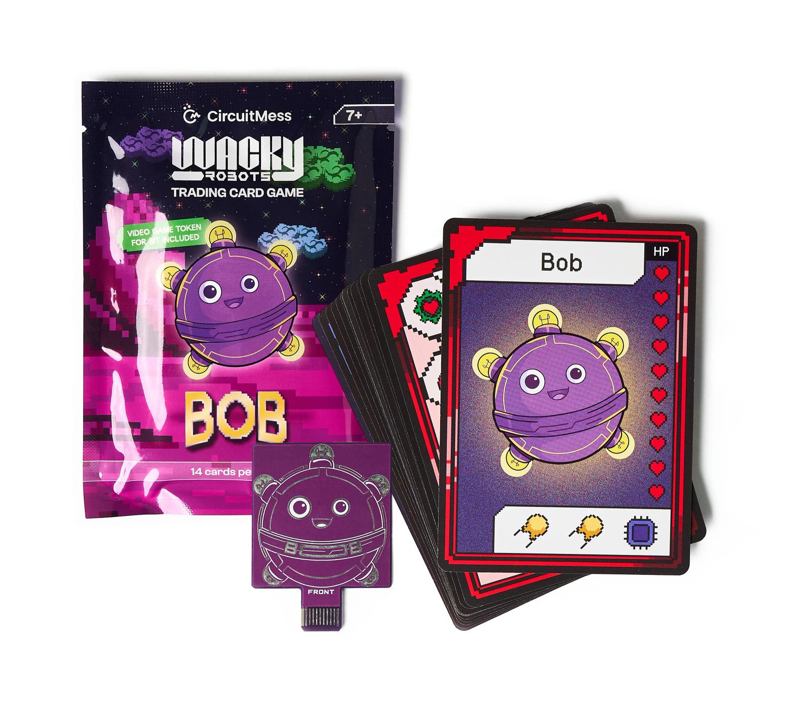 CircuitMess Bit Expansion Bob package, card and token on a white background.